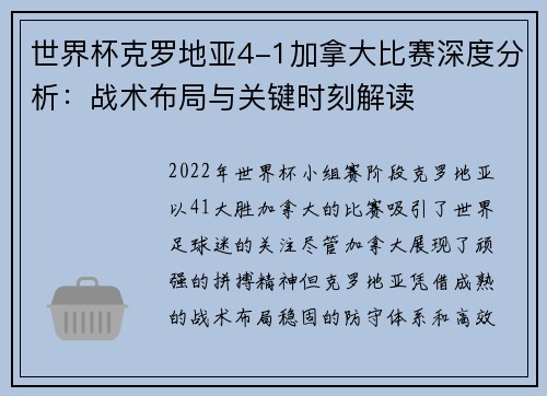 世界杯克罗地亚4-1加拿大比赛深度分析：战术布局与关键时刻解读